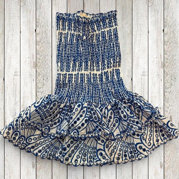 Automet Dresses & Skirts - Honey Plum Blue White Eyelet Smocked Strapless Mini Dress Size Small